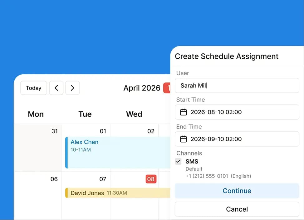 An on-call schedule with a weekly rotation, overrides and each responder’s local time